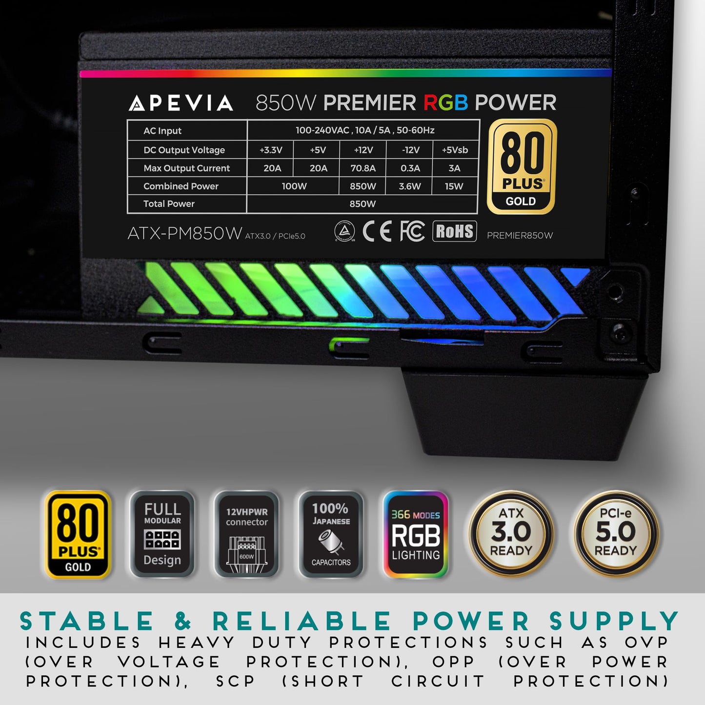 Apevia ATX-PM850W PCIe 5.0 ATX 3.0 Ready Premier 850W 80+ Gold Certified
