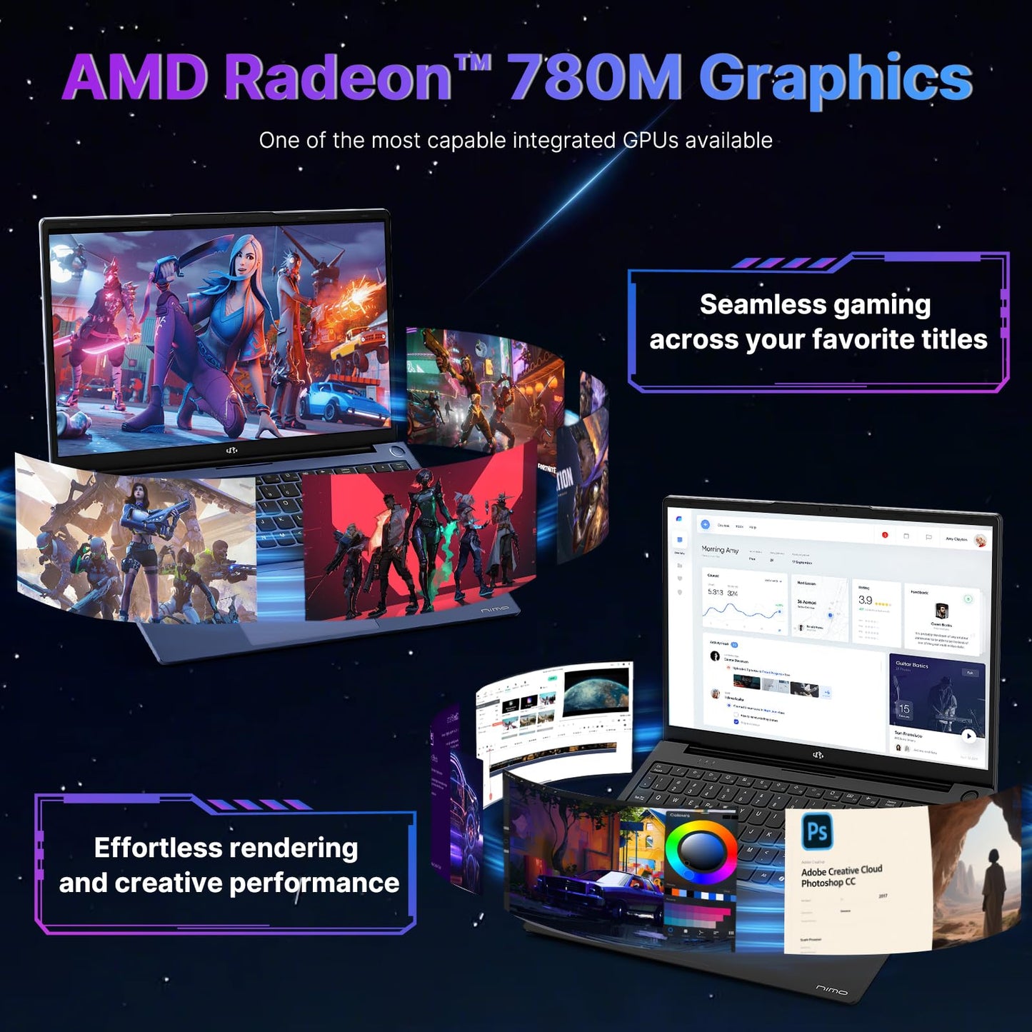 NIMO 17.3 Gaming-Laptop Ryzen 9 8945HS (>i9-13900H) 16GB RAM, 1TB SSD, Radeon 780M, PD 100W USB-C 4.0 AI-Enhanced for Copilot VR Ready, Backlit KB Fingerprint Unlock, Gaming Student Office Business