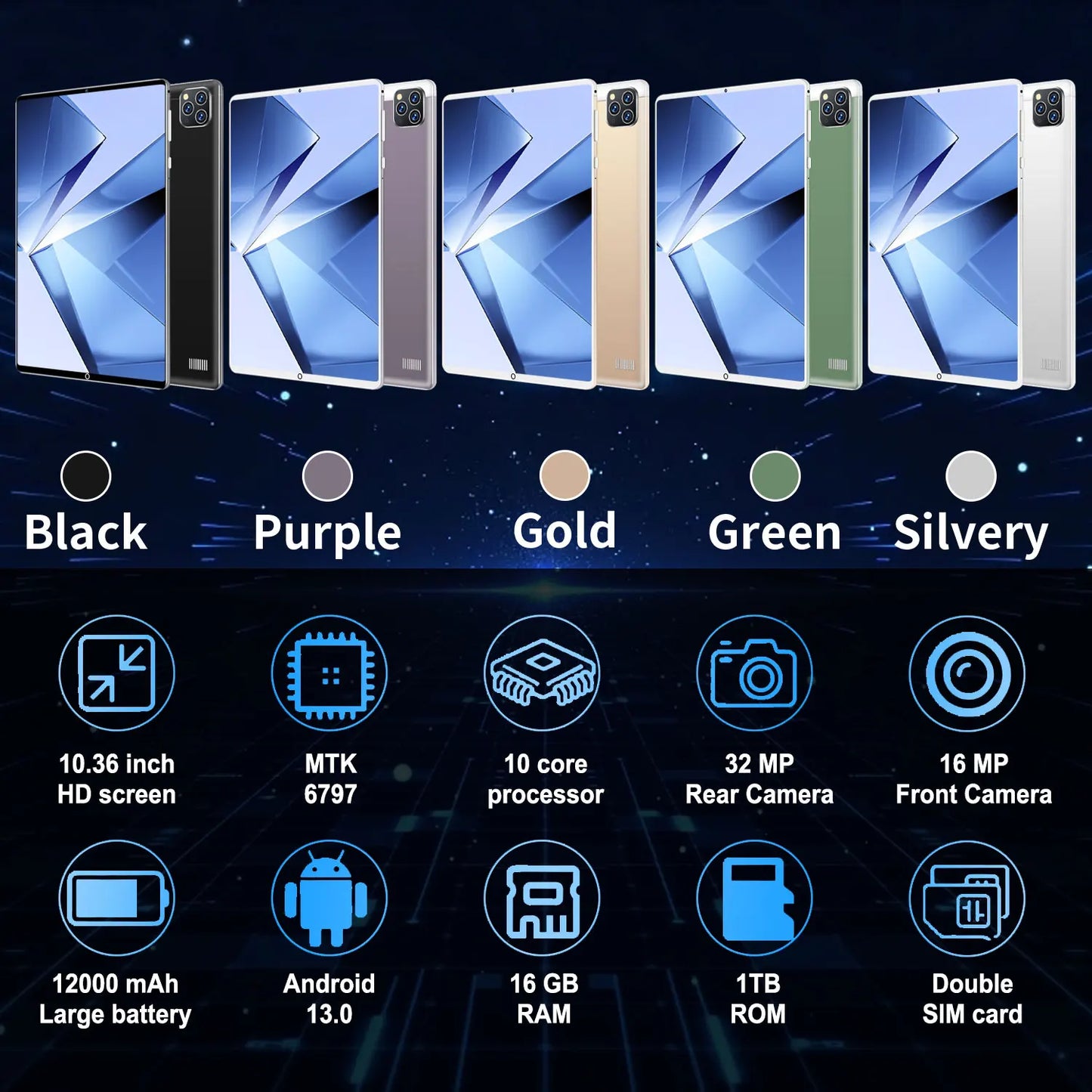 5G 2025 New Global Version 10.36 Inch tablet android 16GB+1TB ROM 16+32MP 12000mAh Android13.0 Dual Sim Card GPS Bluetooth WIFI
