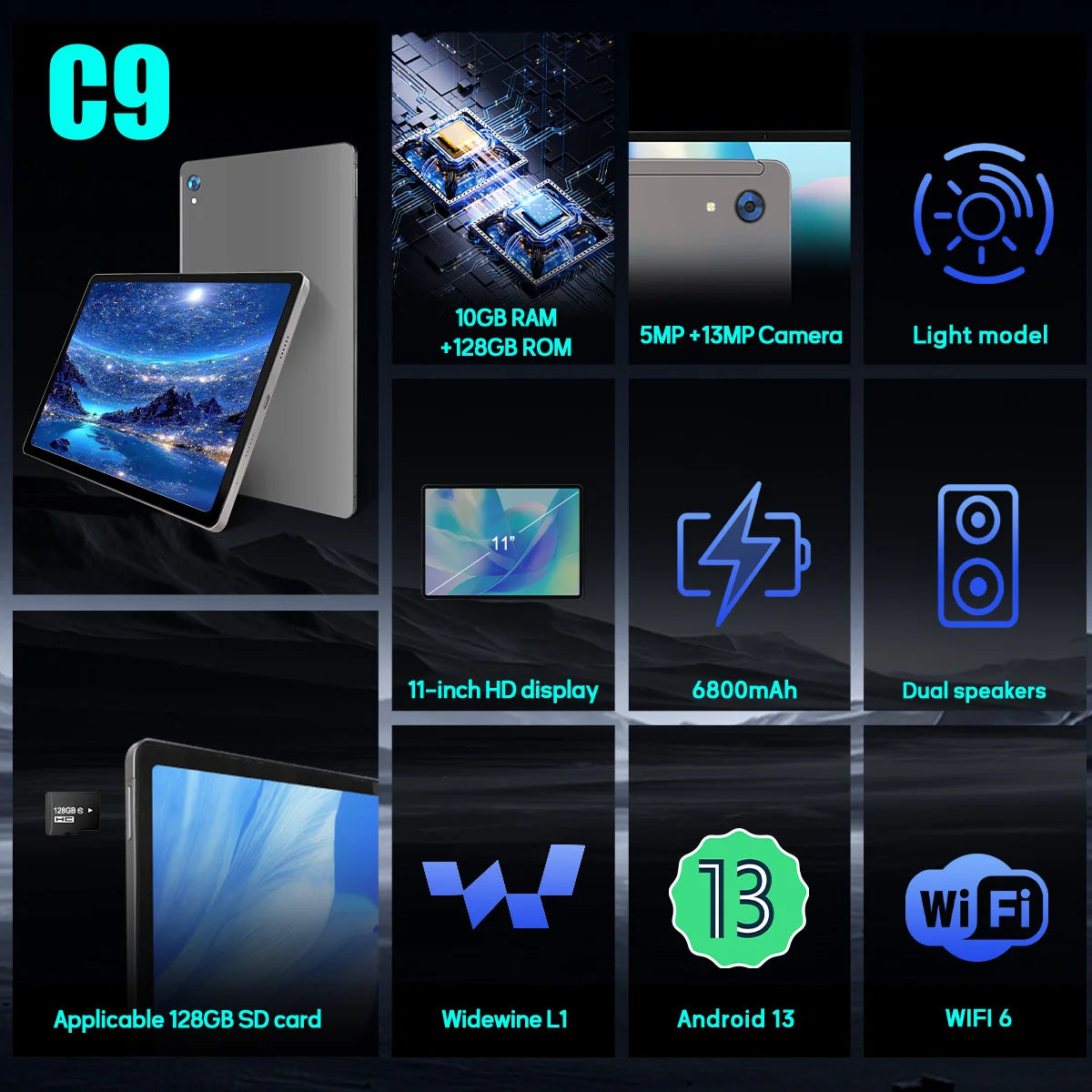 C9+ 11 Inch Tablet HD Display Android14 Octa-Core Processor 12GB RAM+128GB ROM(1TB TF) 5MP+13MP Split-Screen 6800mAh Battery PAD