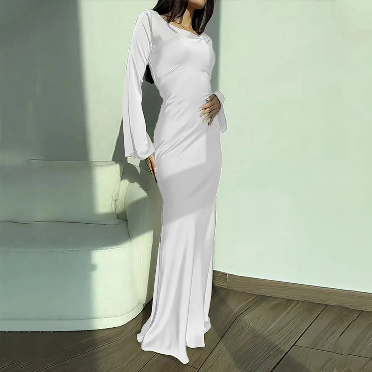 Women White Round Neck Long Sleeve Solid Color Lady Elegant Spring Autumn Lazy Wind Lace up Waist Long Dress