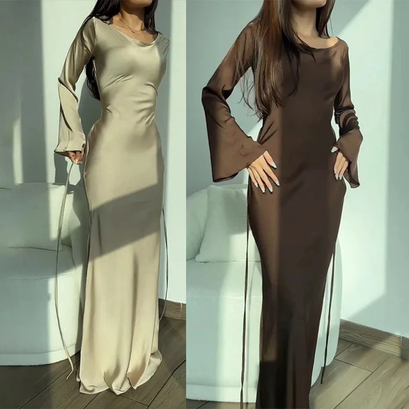 Women White Round Neck Long Sleeve Solid Color Lady Elegant Spring Autumn Lazy Wind Lace up Waist Long Dress