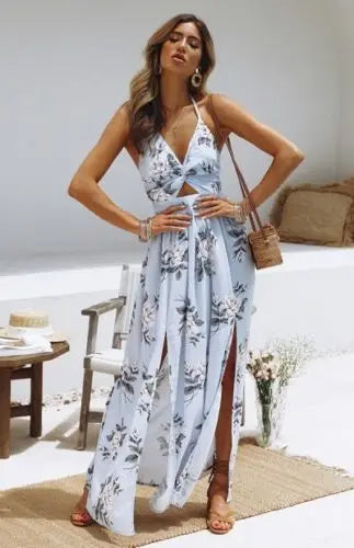 Womens Summer Boho Maxi Long Dress Evening Party Beach Dresses Sundress Floral Halter Dress Summer 2024