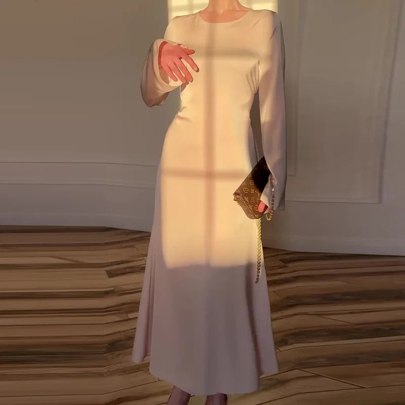 Women White Round Neck Long Sleeve Solid Color Lady Elegant Spring Autumn Lazy Wind Lace up Waist Long Dress