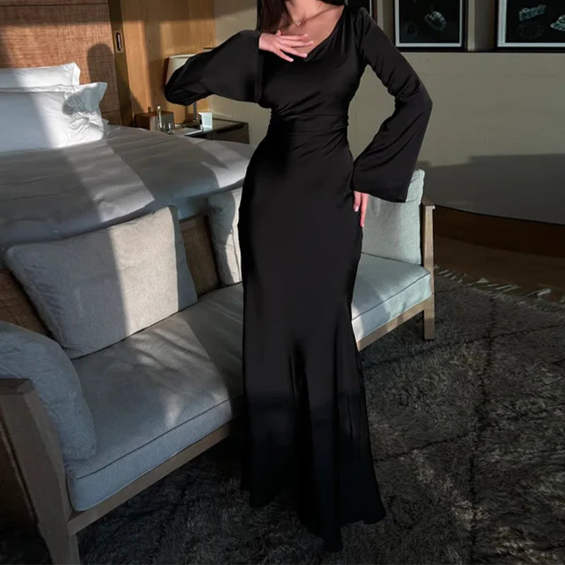 Women White Round Neck Long Sleeve Solid Color Lady Elegant Spring Autumn Lazy Wind Lace up Waist Long Dress