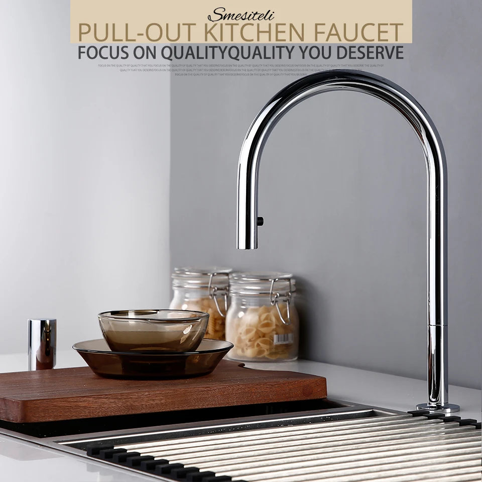 Bathroom Kitchen Basin Faucet Deck Mounted Hot & Cold Water Smesiteli Chrome and Black Single Handle Dual Hole Pull Out