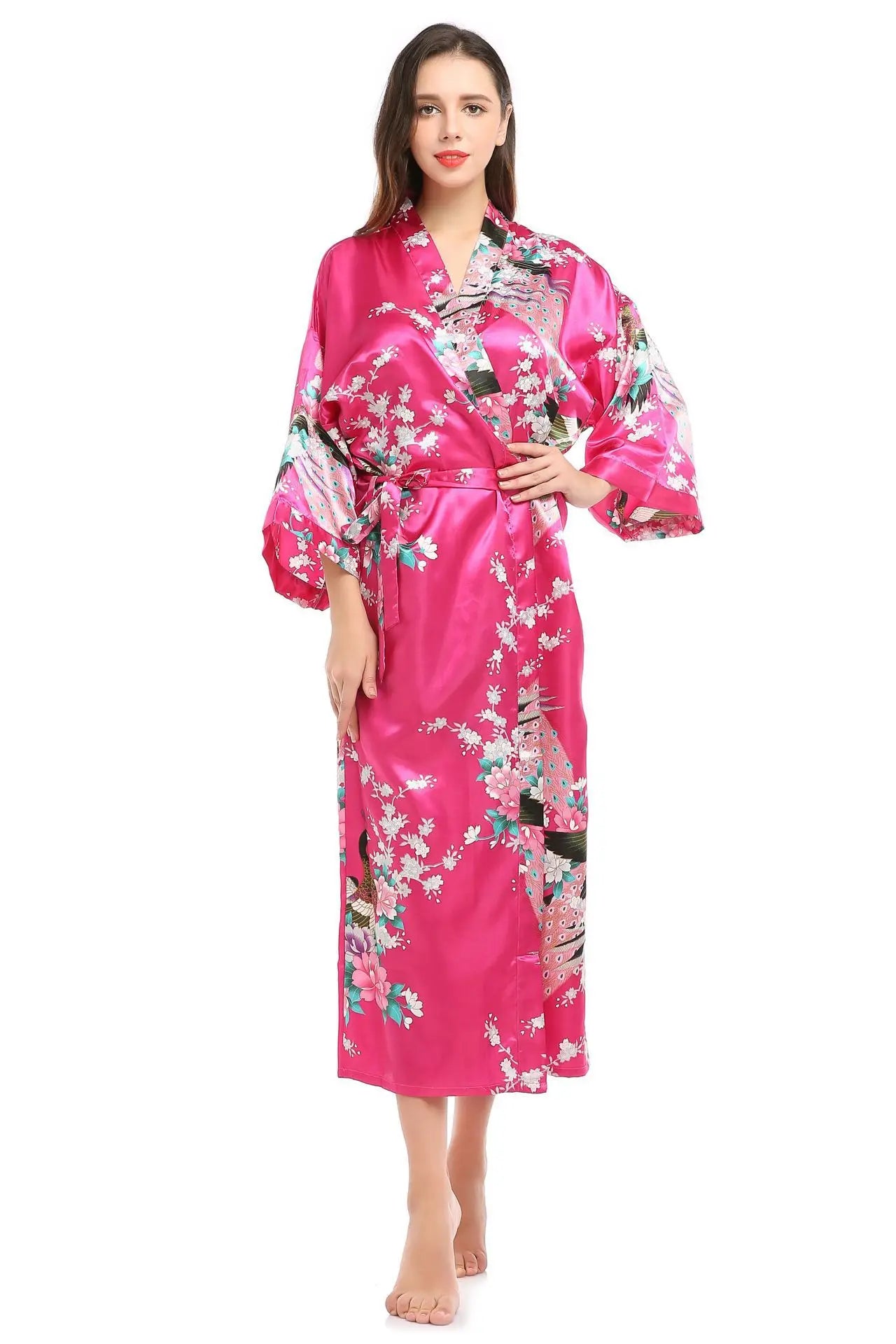 Womens Silk Satin Kimono Robes Long Sleepwear Dressing Gown Floral Peacock Printed Pattern Party Wedding Bridesmaid Bathrobe