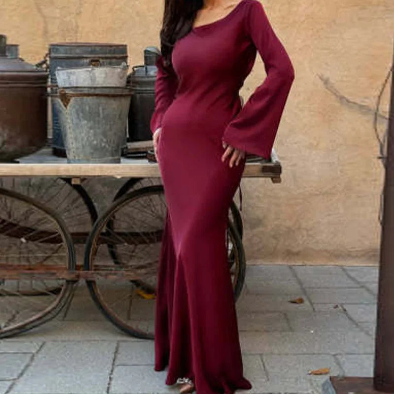 Women White Round Neck Long Sleeve Solid Color Lady Elegant Spring Autumn Lazy Wind Lace up Waist Long Dress