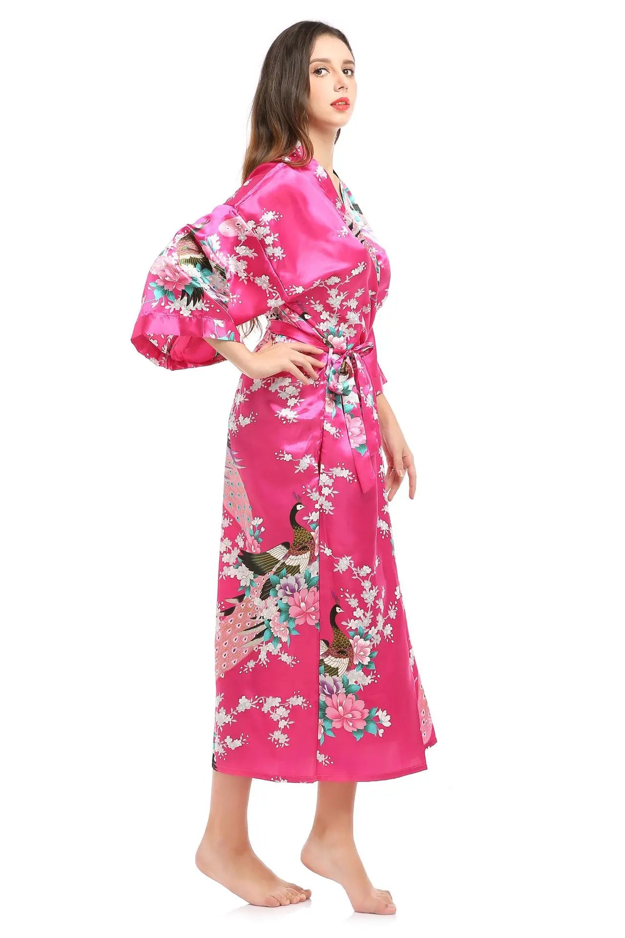 Womens Silk Satin Kimono Robes Long Sleepwear Dressing Gown Floral Peacock Printed Pattern Party Wedding Bridesmaid Bathrobe
