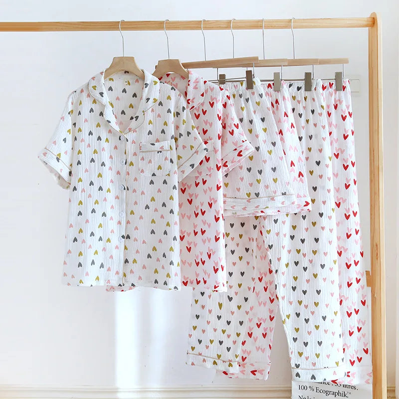 Small Love Heart Printed Cotton Pajamas for Women Three Piece Set Spring and Summer Short Sleeved Shorts Homewear Long Pants Set