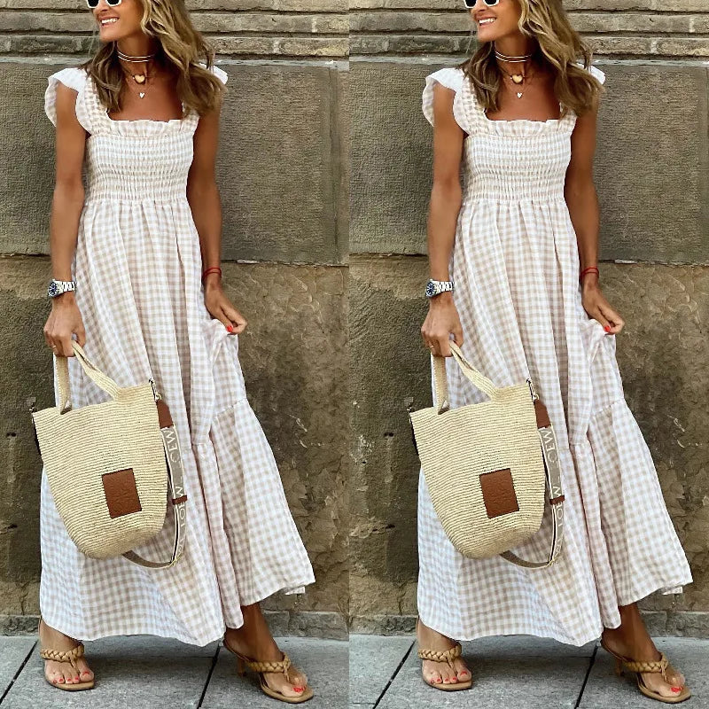 Elegant Plaid Slip Maxi Long Dress Summer Women Strapless Ruffle Backless Pleated Elastic Waist Boho Party Swing Loose Dresses