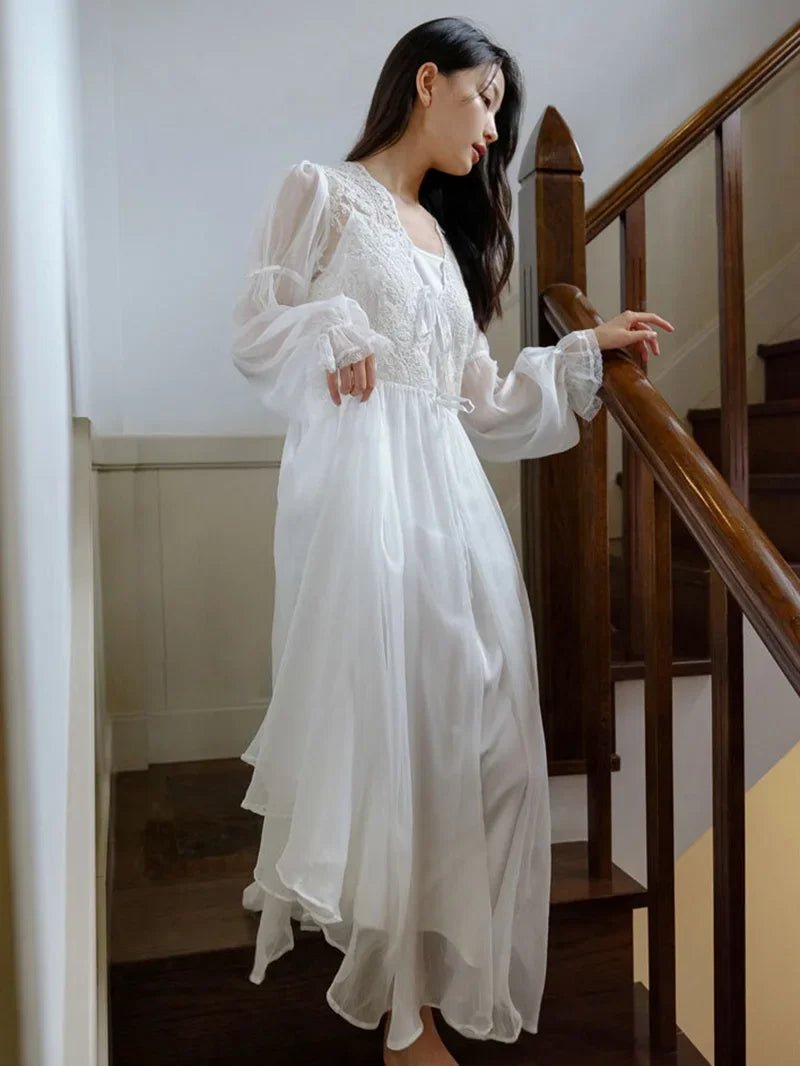 Princess Fairy Night Dress Robe French Morning Gown Lace Mesh Ruffles Vintage Sexy Two-piece Nightgown Female Spring Summer