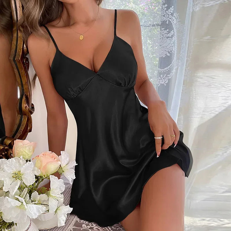 Solid Silk Satin Women Nightgown Sleeveless V Neck Pajama Dress Female Backless Sleepwear Backless Nightwear Homewear Clothing