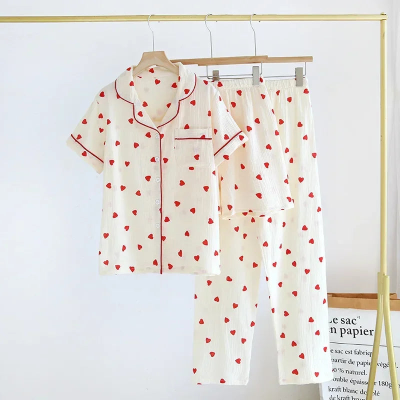Small Love Heart Printed Cotton Pajamas for Women Three Piece Set Spring and Summer Short Sleeved Shorts Homewear Long Pants Set