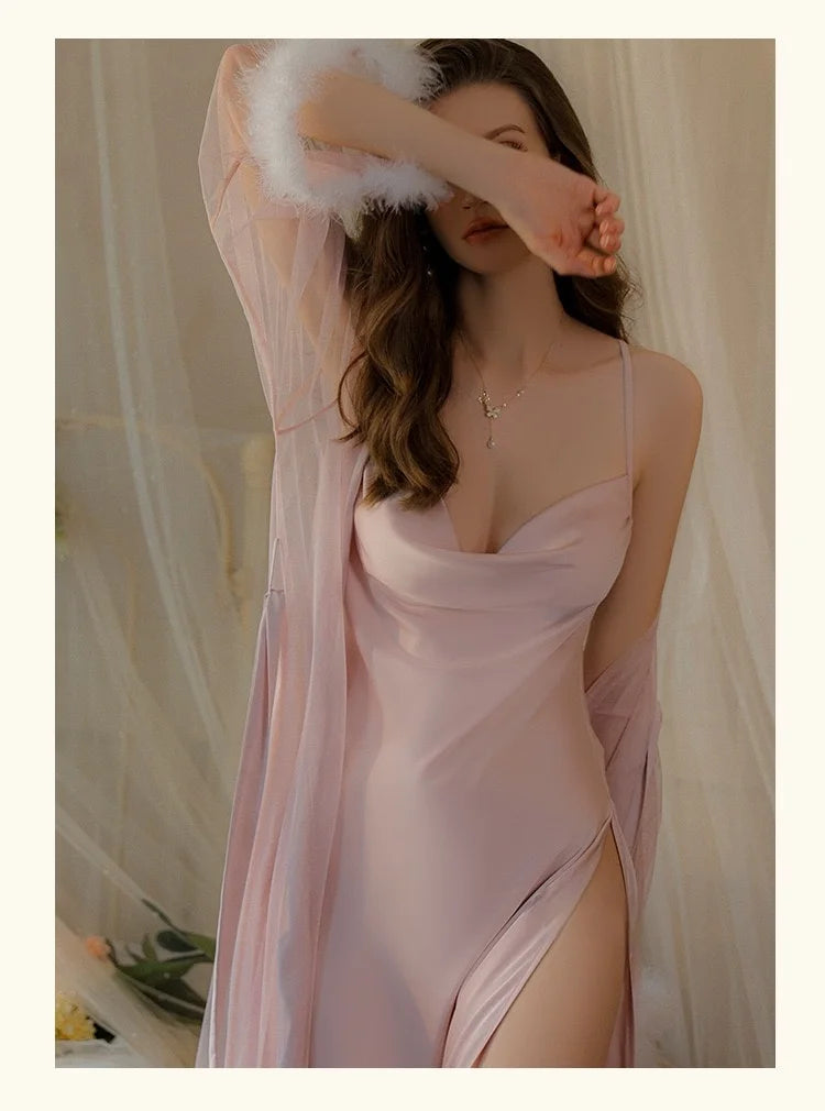 Sexy Backless Ice Silk Halter V Neck Dress Pajamas Short Skirt Home Wear Women Silk Nightgowns Home Clothes