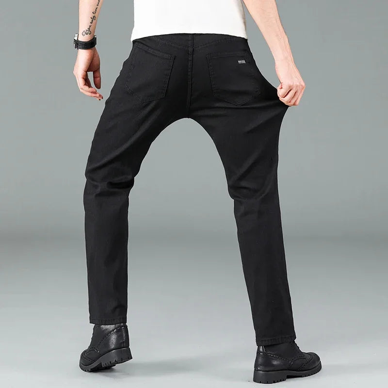 Men's Pure Black Slim Jeans Elastic Straight Pants Business Fashion Leisure Korean Vintage Skinny Small Feet Denim Pants Male