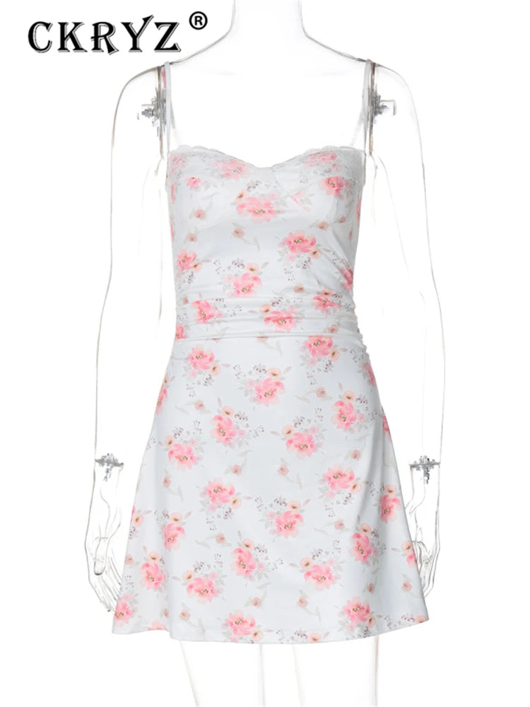 Ladies Summer Floral Print Fashion Beach Vacation Dress Women Sleeveless Backless Bodycon Mini Dresses Clubwear Woman Clothes
