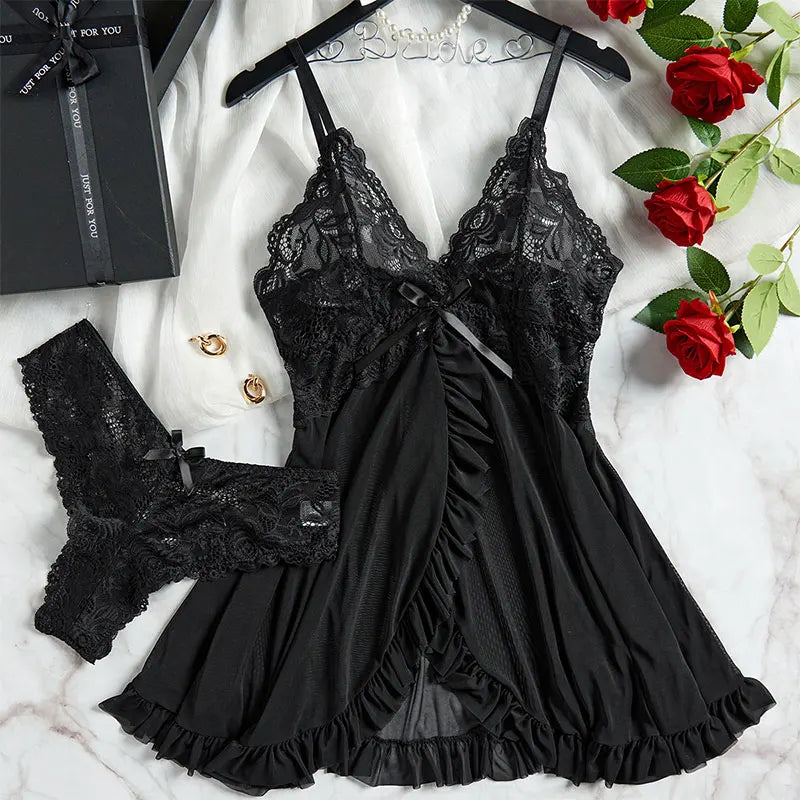 Women's Deep V Neck Low Cut Panty Pijamas Backless Mesh Transparent Red Sexy Lingerie See Through Sleepwear Lace Nightdress