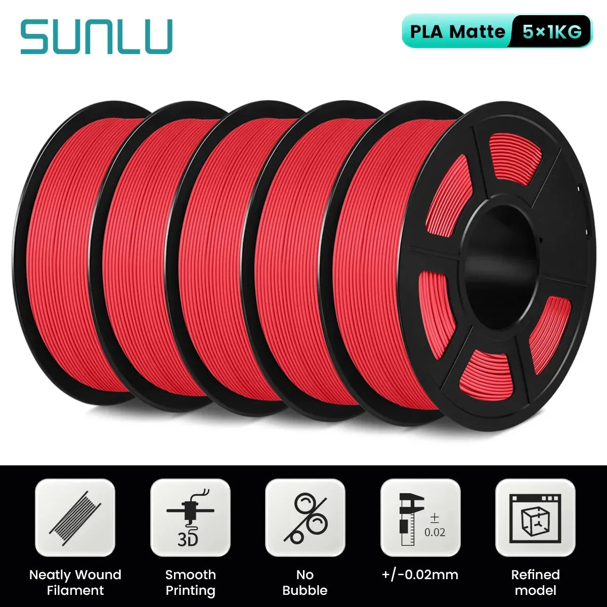 SUNLU 5Roll PLA Matte Filament 1.75mm 1kg Spool (2.2lbs) Smooth Matte Finish Neatly Wound Filament Fit Most FDM Printer