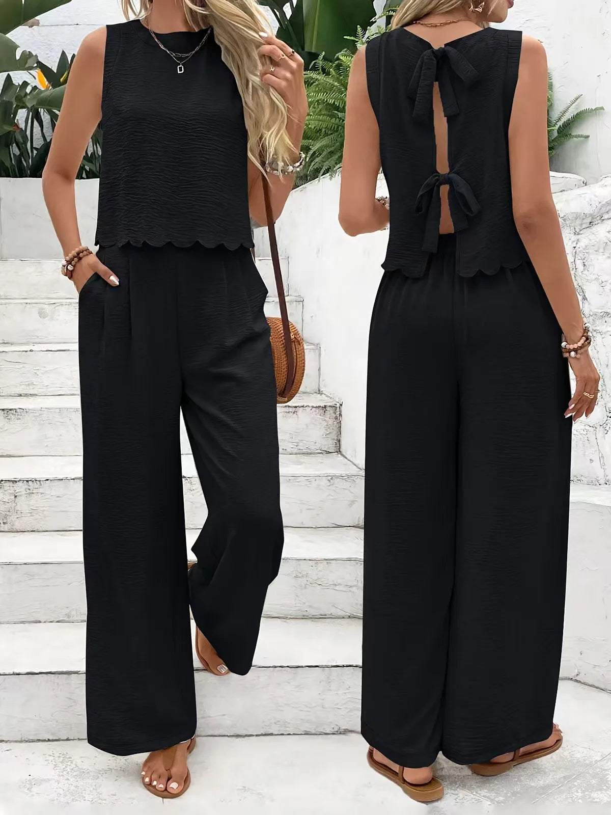 QX Women's Two-piece Suit 2025 Black Apricot 32973 Elastic Waist Suit Best-selling Sleeveless Tie Fashion Trousers