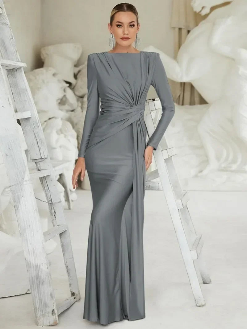 Women's Formal Occasion Dress Elegant Ladies O-neck Long Sleeve Folds High Waist Bodycon Gray Dresses Evening Party Robe