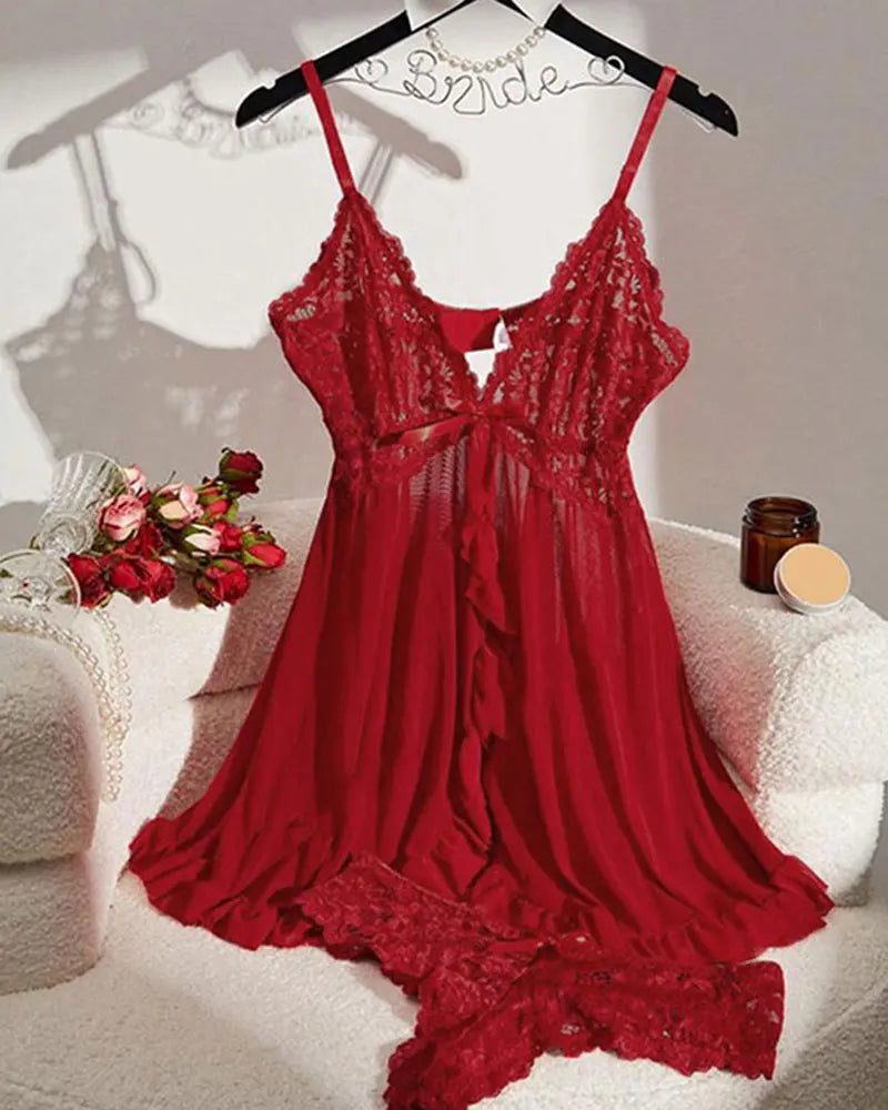 Soft Sheer Nighty Pajamas Hotselling Nightgowns Dark Green Halter Dress Women Sleepwear Sexy Bra Plus Size Nightdress Thong Sets