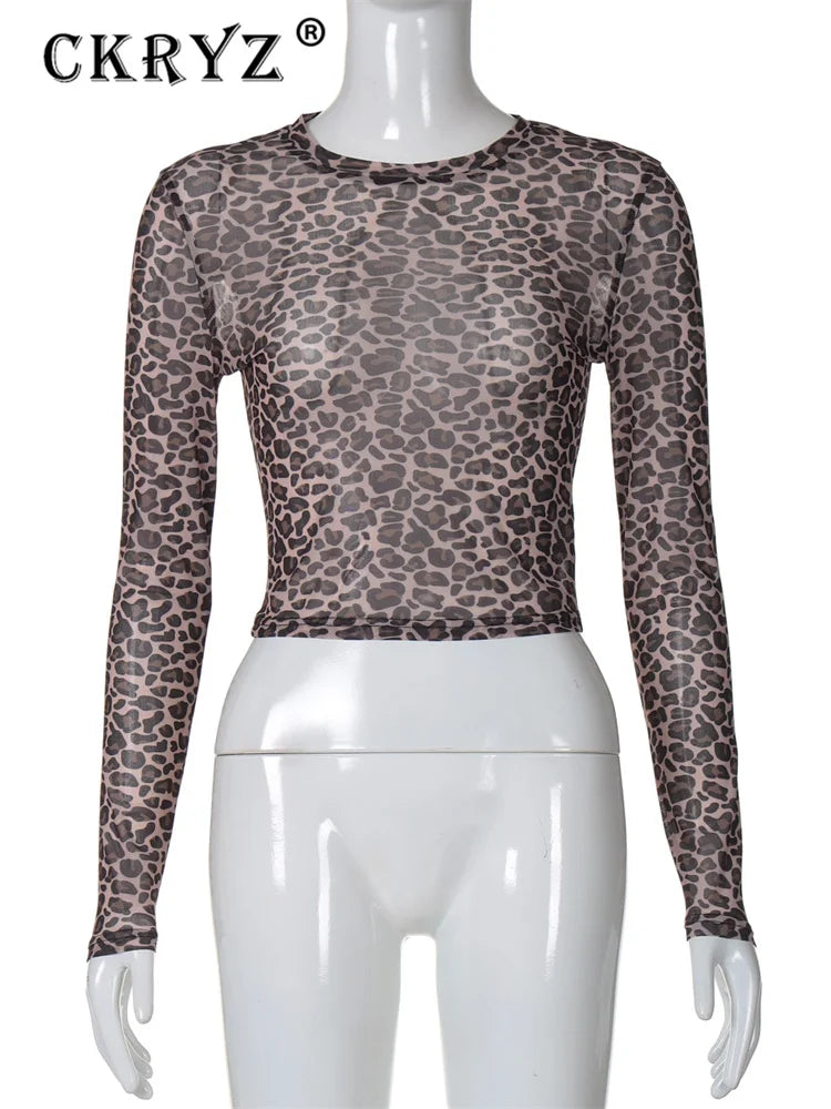 Ladies summer Leopard Print Clubwear Y2K Clothes Women Long Sleeve O-Neck Mesh See Through Slim T Shirt Holiday Streetwear Tees