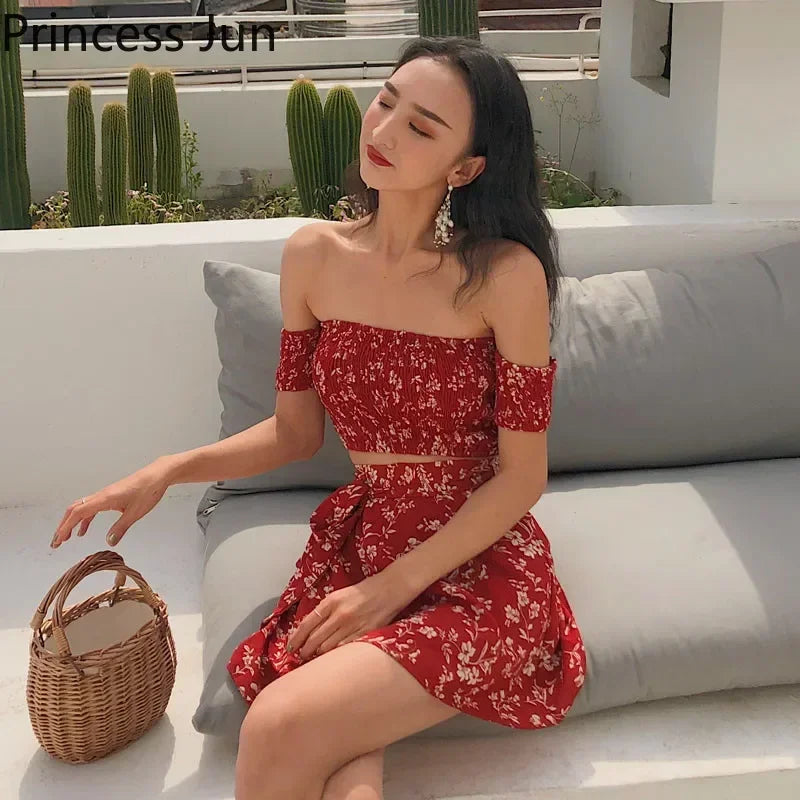 Summer Floral Fashion 2 Piece Sets Women Slash Neck Off Shoulder Shirt Crop Top&High Waist Mini Skirt Small Girl 2pc Dress Suits