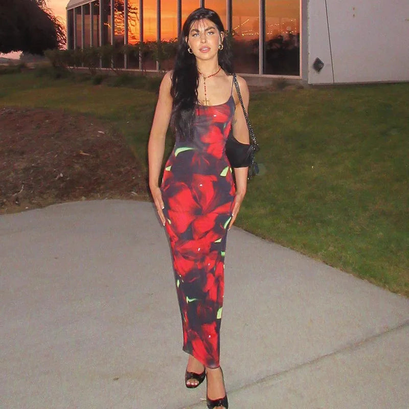 Ladies Summer Floral Print New Fashion Birthday Party Dress Women Sleeveless Backless Sexy Bodycon Maxi Dresses Club Streetwear