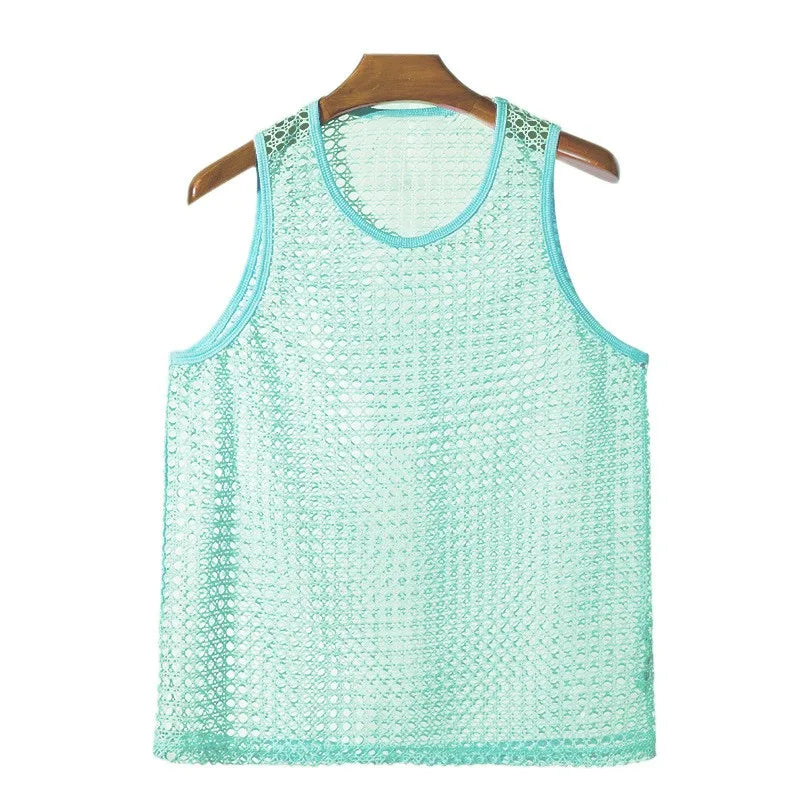 New American Style Fashion Men Tops Popular Vacation Hollow Out Mesh Vests Sexy Casual Sleeveless Tank Tops S-2XL 2025 Summer