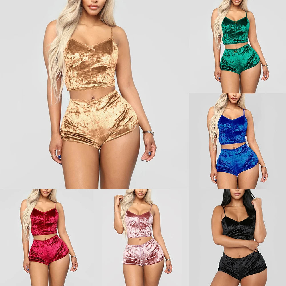 Women Summer Sexy Nightwear V-neck Lingerie Suspender Sleepwear Underwear Crop Tops Shorts Pajamas Set Solid Ladies Nightgown