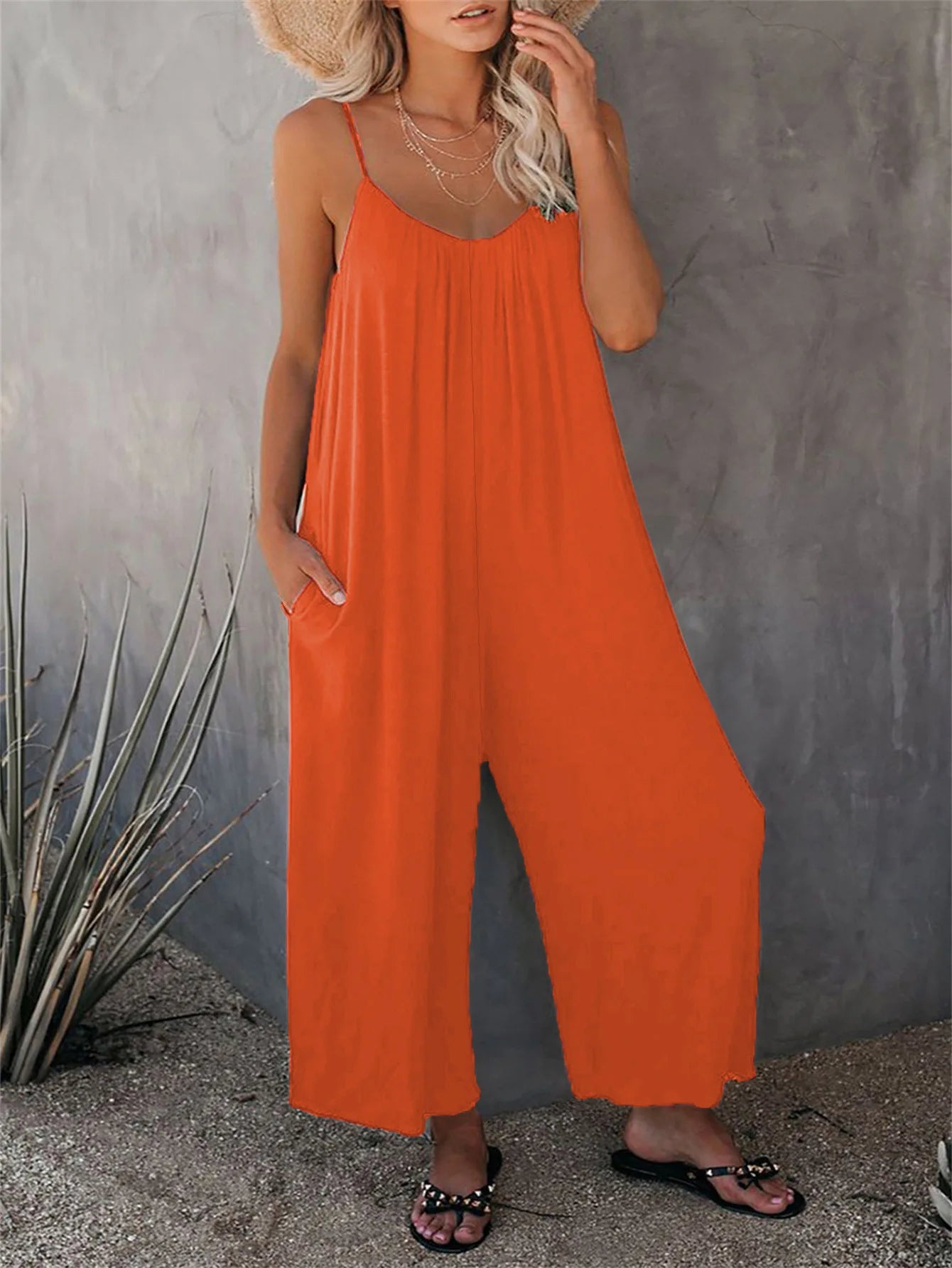 European and American Suspender Women's 2023 Summer New Foreign Trade Tolid Color Pocket Casual Jumpsuit