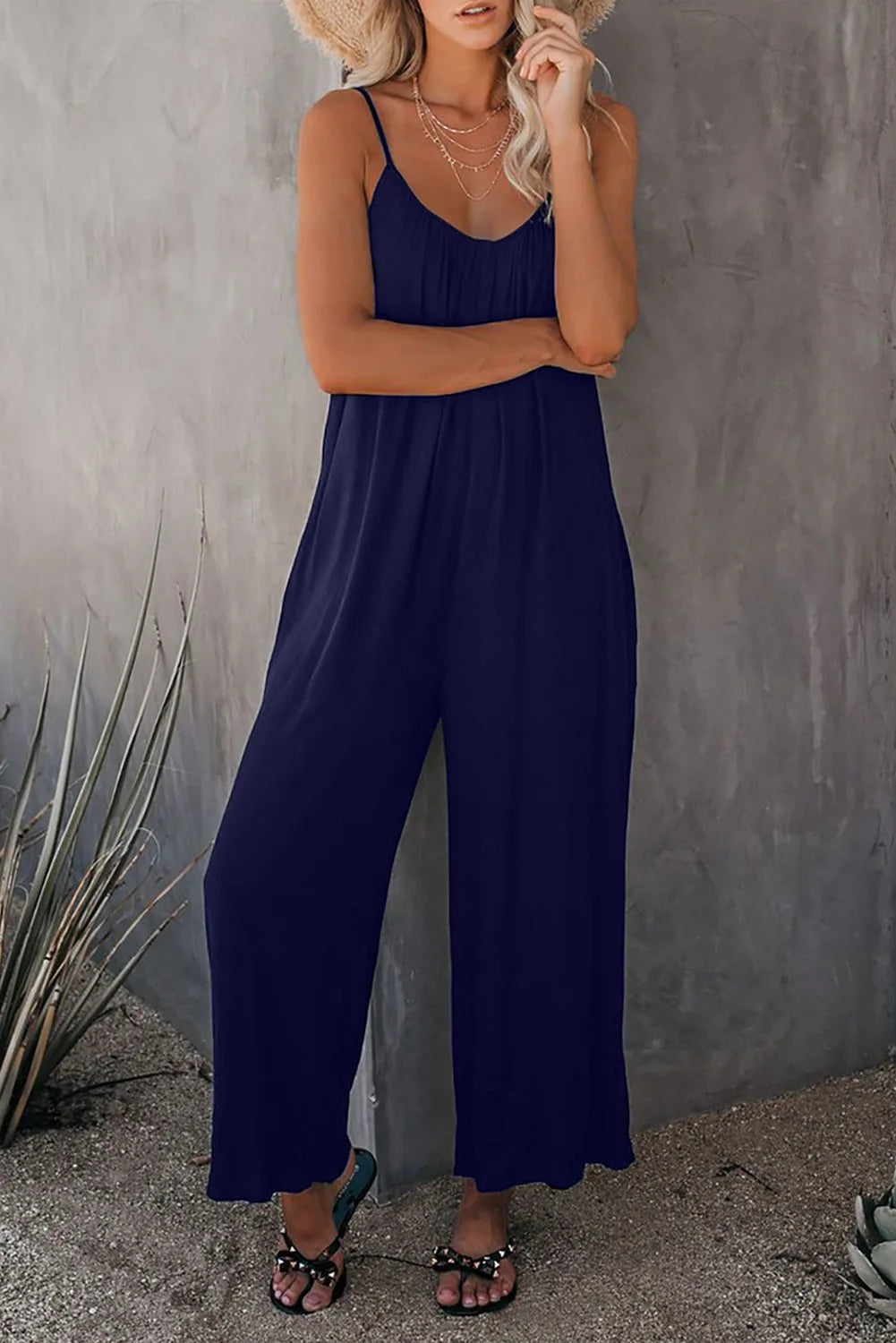 European and American Suspender Women's 2023 Summer New Foreign Trade Tolid Color Pocket Casual Jumpsuit