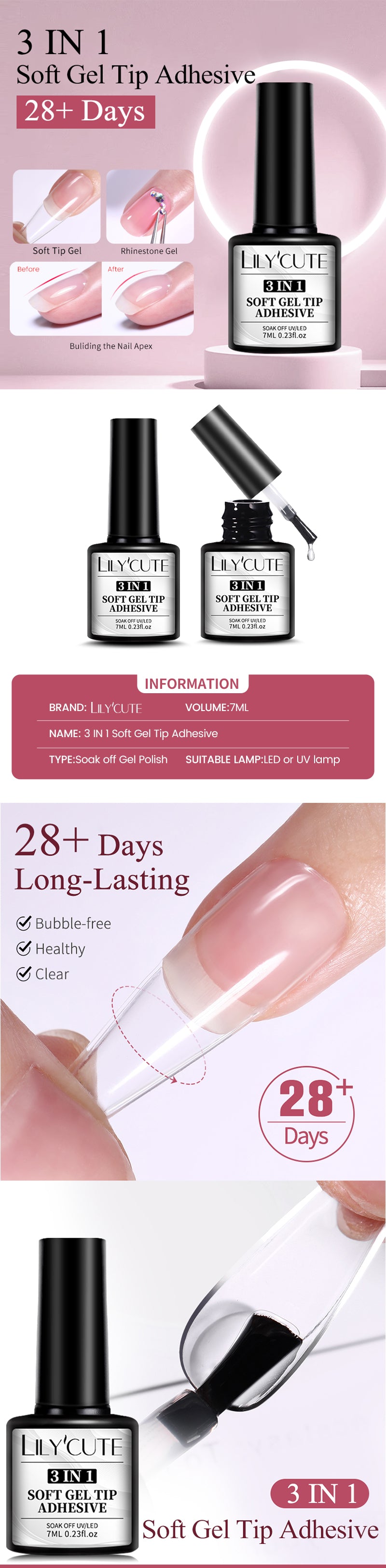LILYCUTE 7ml 3 IN 1 Soft gel tips ADHESIVE Gel 24Pcs False Tips Extend Nails Function Gel Soak Off UV LED Nail Gel