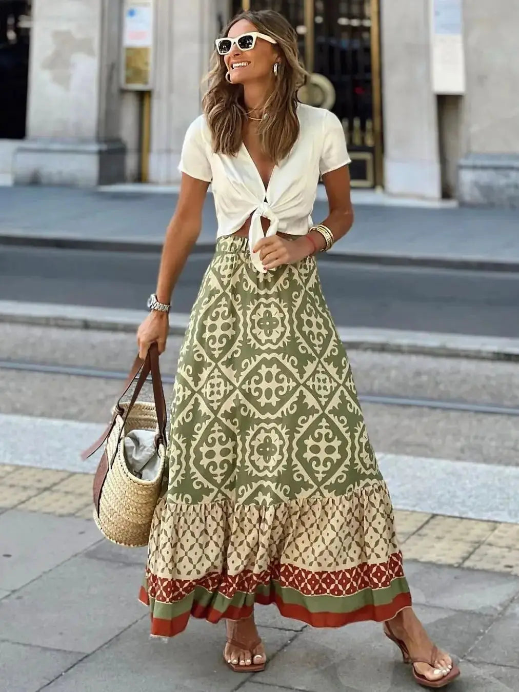 European and American foreign trade skirt independent station summer new printed loose stitching large swing skirt f
