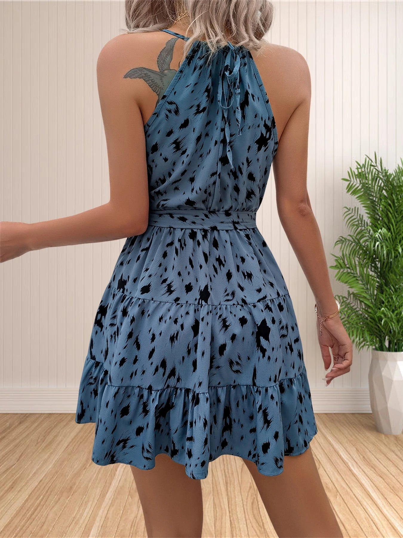 Women 2024 Summer Halter Neck Dresses Sleeveless Casual Floral Polka Dot Print Short Boho Ruffle Sundress
