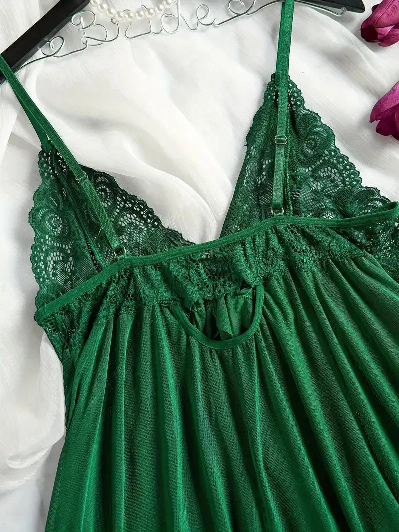 Soft Sheer Nighty Pajamas Hotselling Nightgowns Dark Green Halter Dress Women Sleepwear Sexy Bra Plus Size Nightdress Thong Sets