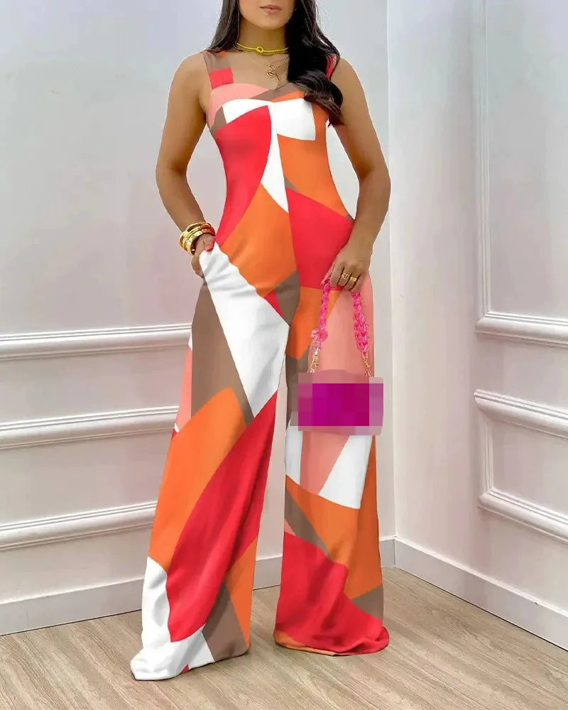 Summer New Women's Fashion Printed Sexy Sleeveless Chest Wrapped Suspender Casual Loose Jumpsuit Pants