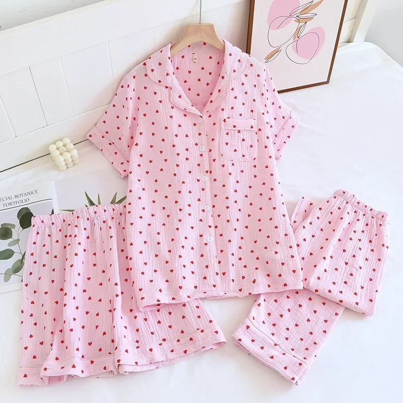 Small Love Heart Printed Cotton Pajamas for Women Three Piece Set Spring and Summer Short Sleeved Shorts Homewear Long Pants Set