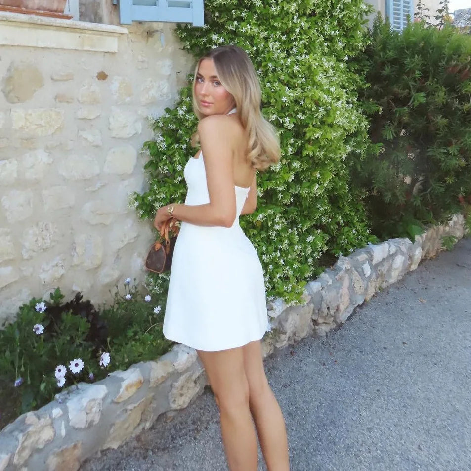 Ladies Halter Square Collar Backless Mini Dress Women Fashion Solid Sleeveless A-Line Elegant Club Party Dresses Female Outfits