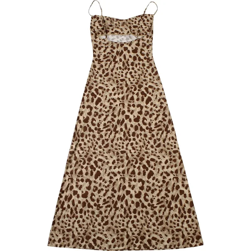Mooyufon Leopard Print Dress Woman Summer Sexy Swing Collar Spaghetti Straps Backless Ruffles Party Clubwear Skinny Vestidos