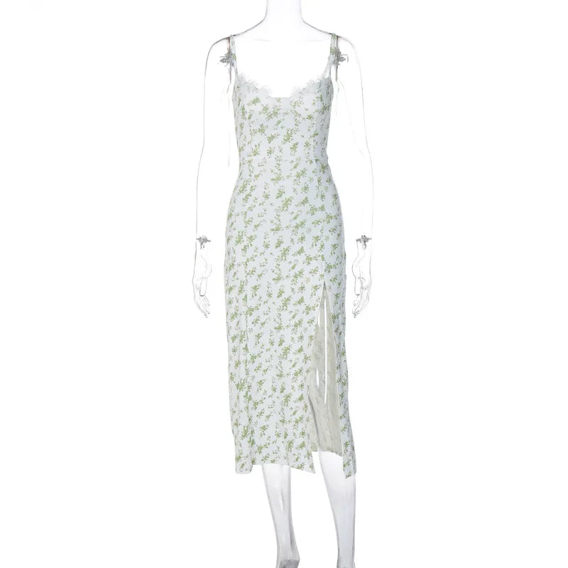 Ladies Summer Floral Print Fashion Evening Party Dress Women Sleeveless Backless Side Slit Midi Dresses Woman Clothes Clubwear