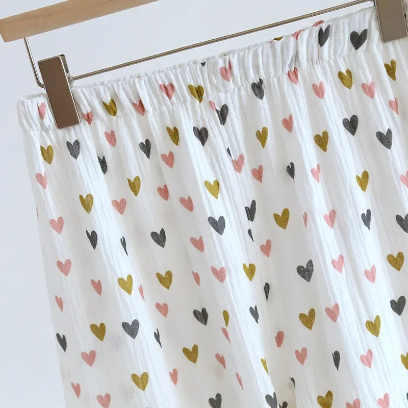 Small Love Heart Printed Cotton Pajamas for Women Three Piece Set Spring and Summer Short Sleeved Shorts Homewear Long Pants Set