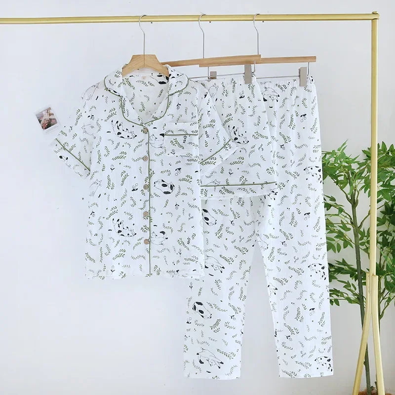 Small Love Heart Printed Cotton Pajamas for Women Three Piece Set Spring and Summer Short Sleeved Shorts Homewear Long Pants Set