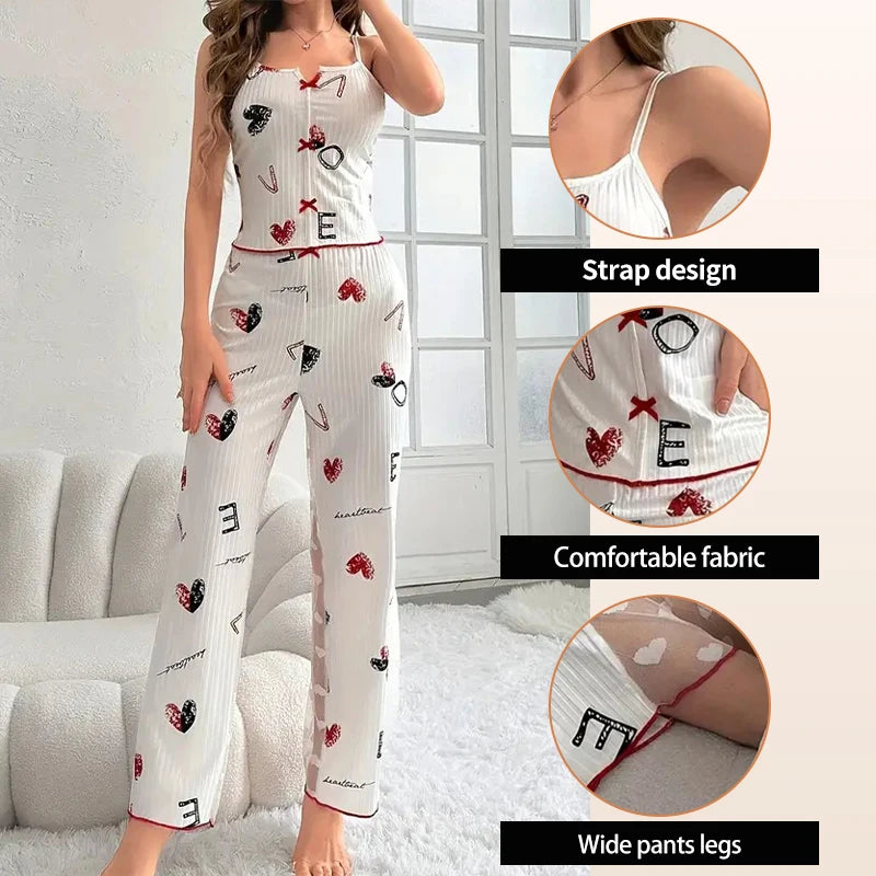 Women's Sexy Two-Piece Pajama Set Printed Lace Patchwork V-Neck Strap Top with Back Lace Detail Comfortable Sleepwear