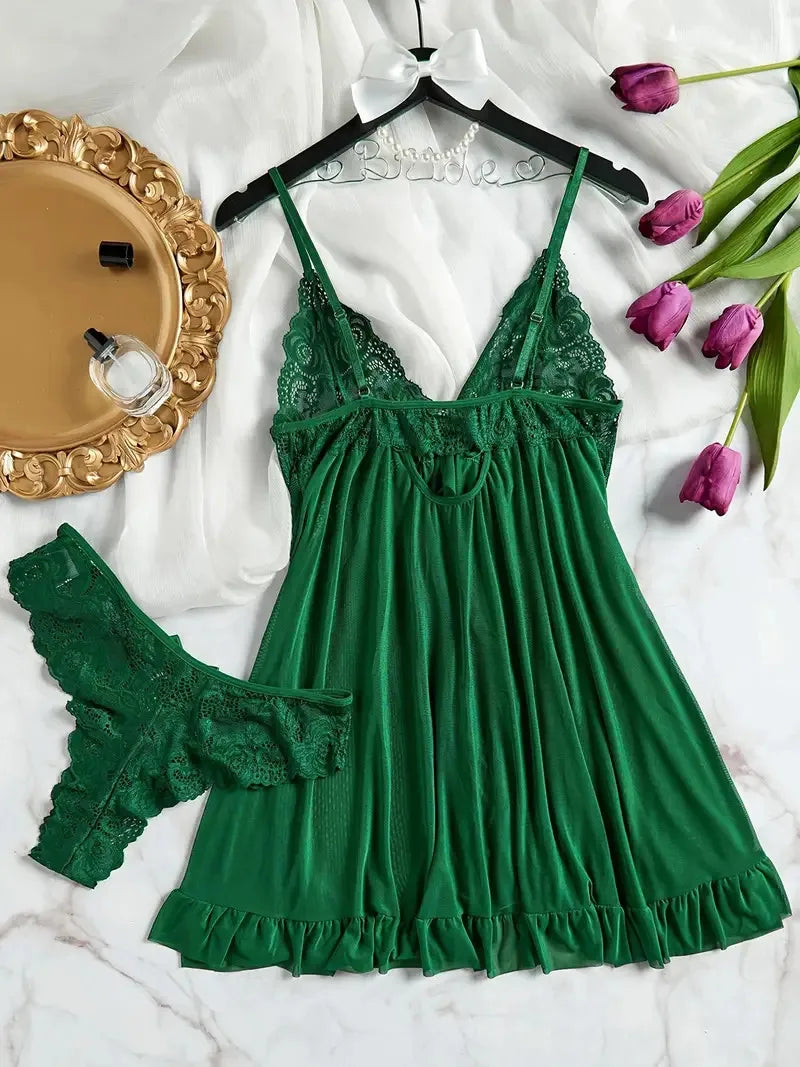 Soft Sheer Nighty Pajamas Hotselling Nightgowns Dark Green Halter Dress Women Sleepwear Sexy Bra Plus Size Nightdress Thong Sets