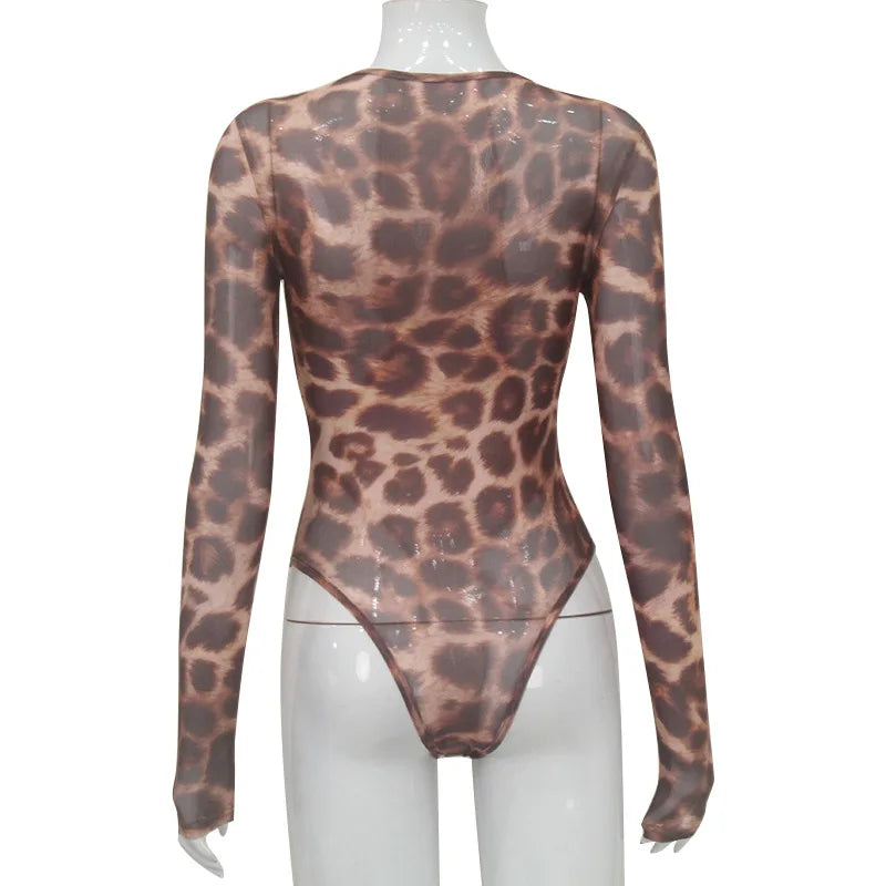 Ladies Autumn One Piece Leopard Print New Fashion Long Sleeve O-Neck Skinny Sexy Bodysuit Women Party Club Wear Y2K Fall Outfits
