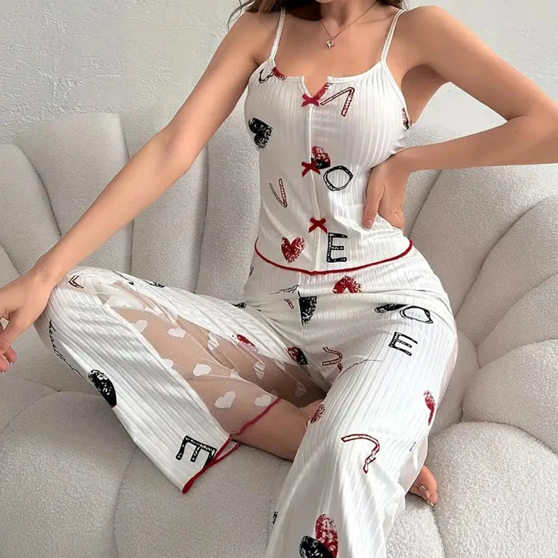 Women's Sexy Two-Piece Pajama Set Printed Lace Patchwork V-Neck Strap Top with Back Lace Detail Comfortable Sleepwear