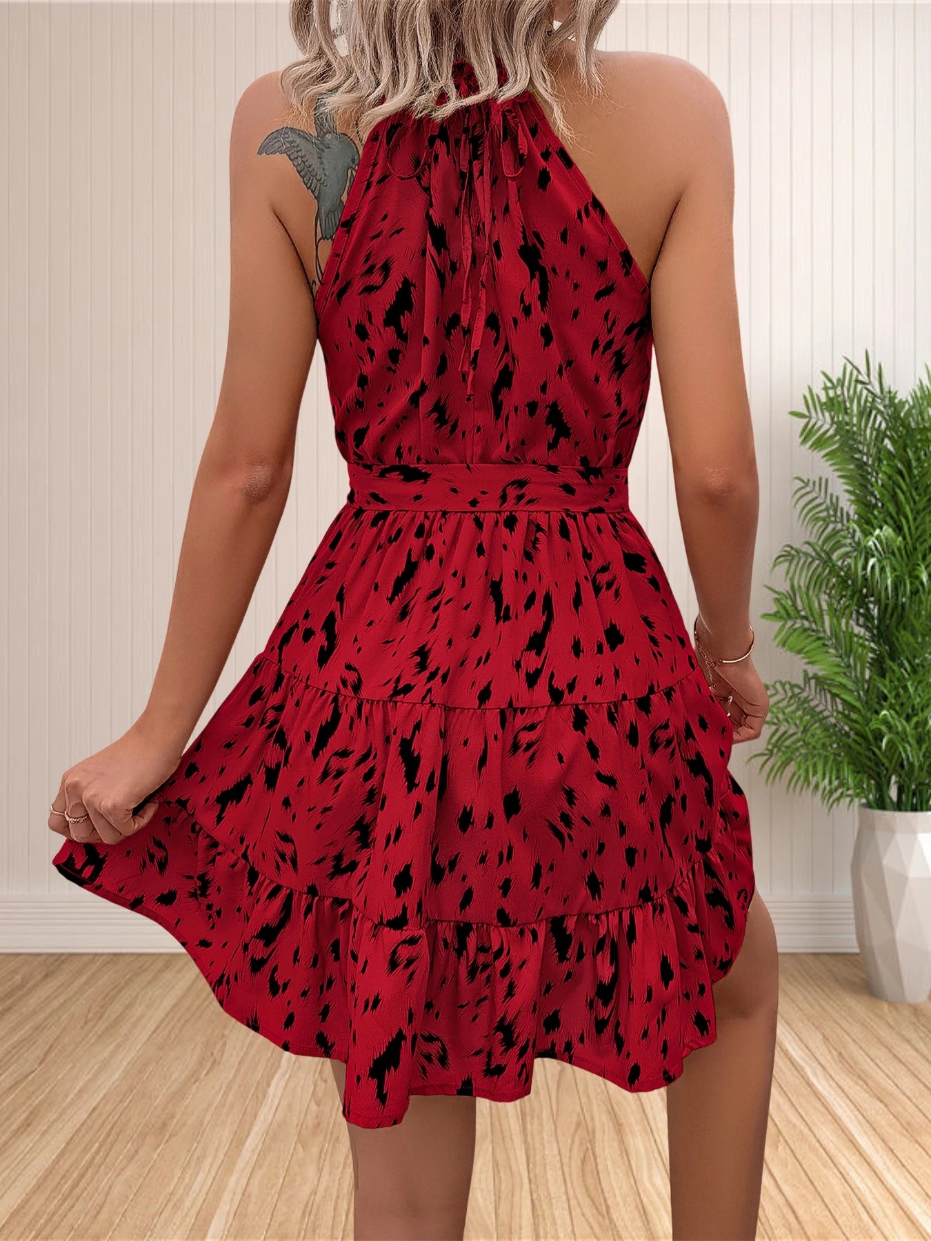 Women 2024 Summer Halter Neck Dresses Sleeveless Casual Floral Polka Dot Print Short Boho Ruffle Sundress