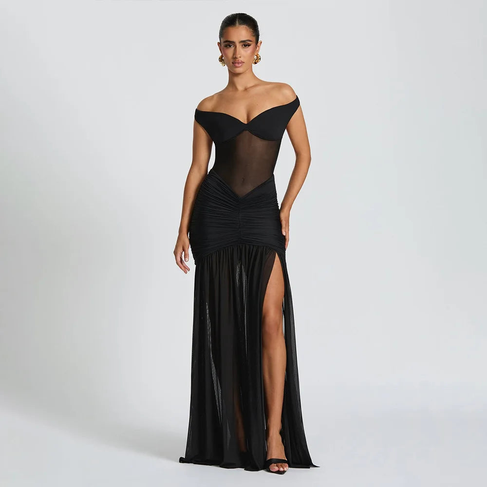 Ladies Summer Elegant Evening Party Dress Women Sleeveless Backless Side Slit Mesh Long Dresses Woman Clothes Birthday Clubwear